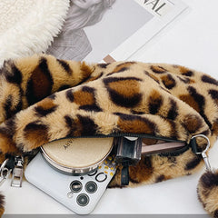 Leopard Faux Fur Women Shoulder Bag Soft Plush Shopper Bag Winter Tote Purse