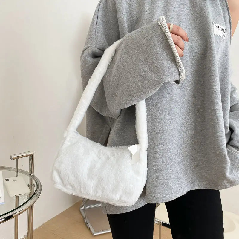 Women Small Hobos Shoulder Bag Winter Soft Plush Ladies Underarm Handbags