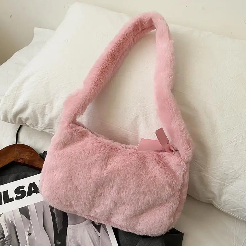 Women Small Hobos Shoulder Bag Winter Soft Plush Ladies Underarm Handbags