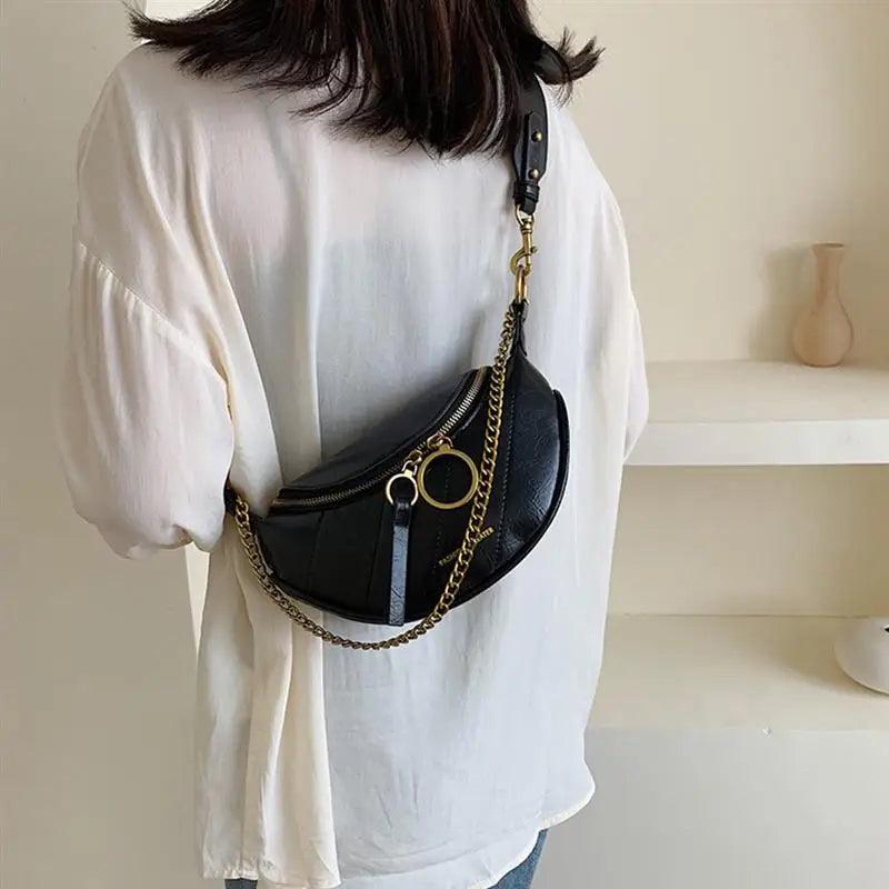 Faux Leather Women Waist Bag Shell Chest Bag Large Capacity Zipper Shoulder Bag