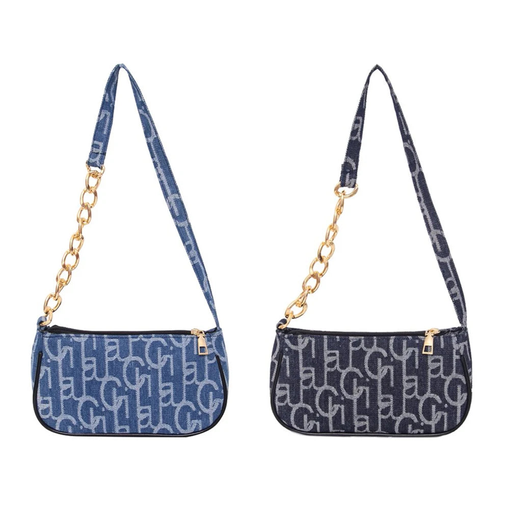 Women's Denim Chain Shoulder Bag Small Letters Print Handbag Zipper Underarm Bag
