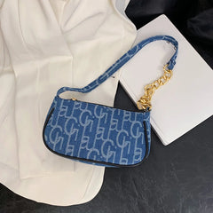 Women's Denim Chain Shoulder Bag Small Letters Print Handbag Zipper Underarm Bag