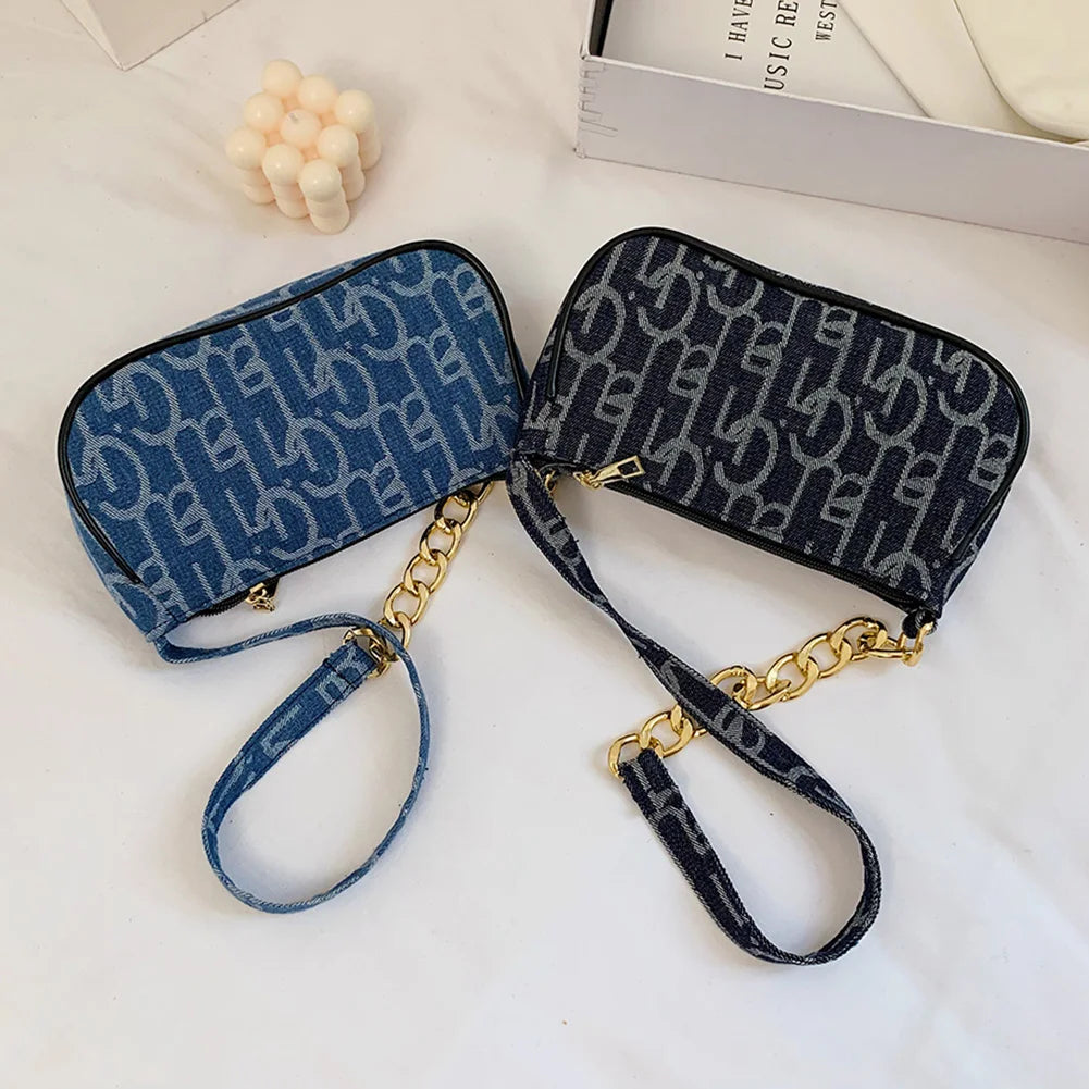 Women's Denim Chain Shoulder Bag Small Letters Print Handbag Zipper Underarm Bag