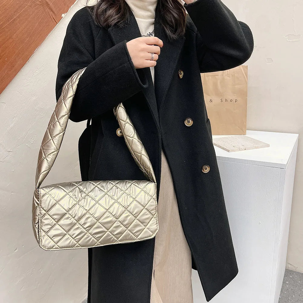 Flap Space Padded Nylon Underarm Bag Quilted Winter Handbag