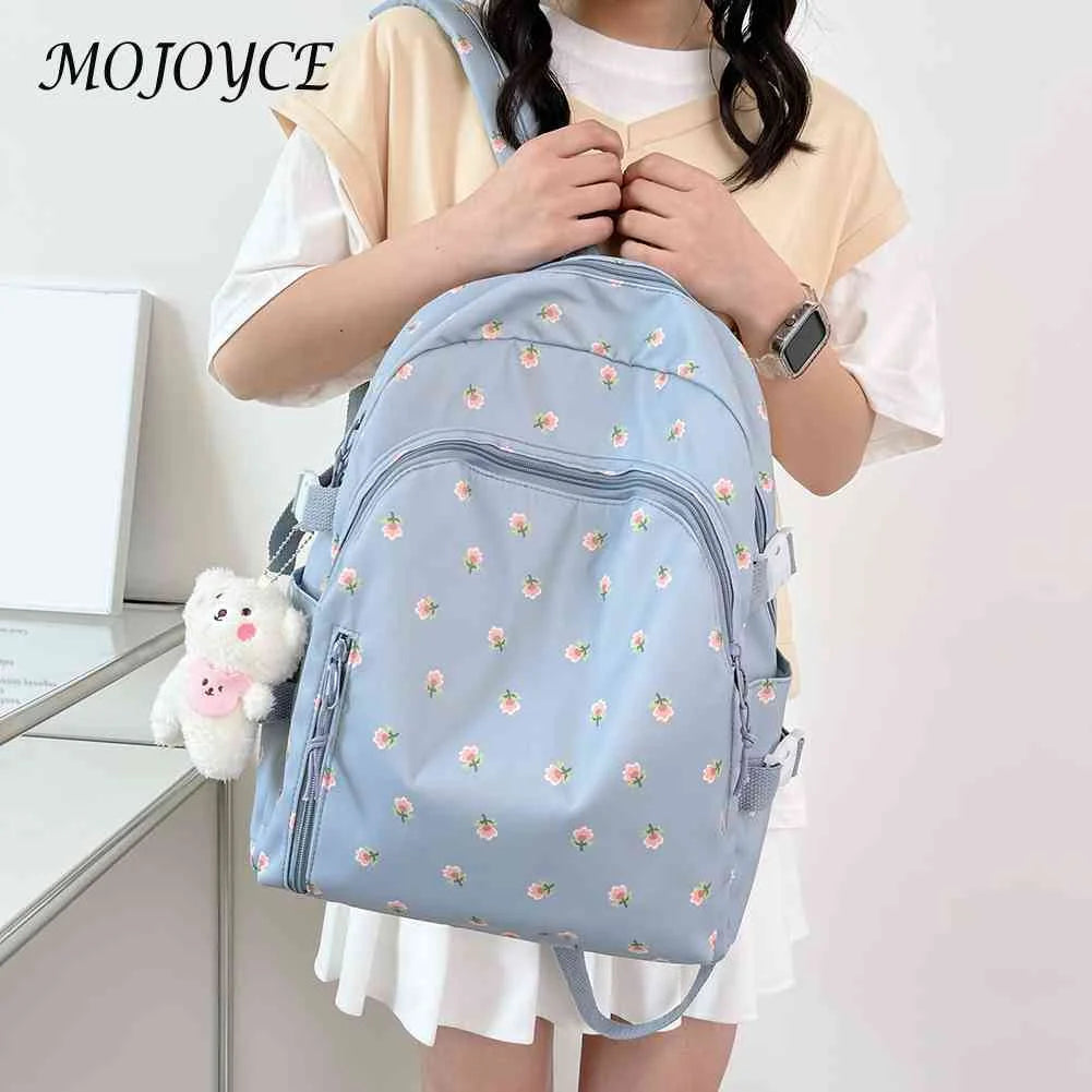 Floral Backpack Nylon Female Preppy Style Schoolbags Mochila with Pendant