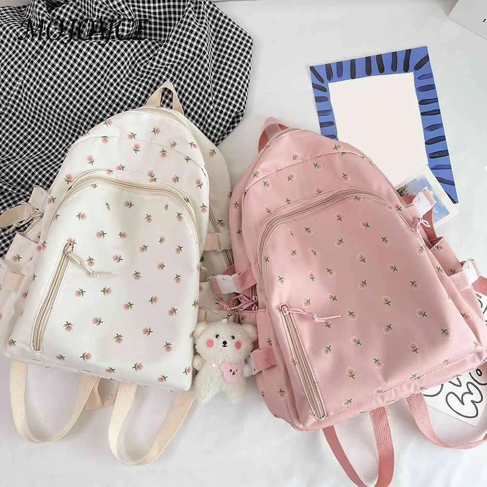 Floral Backpack Nylon Female Preppy Style Schoolbags Mochila with Pendant