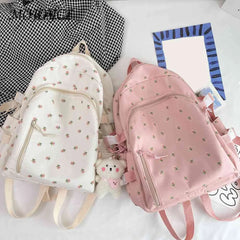 Floral Backpack Nylon Female Preppy Style Schoolbags Mochila with Pendant