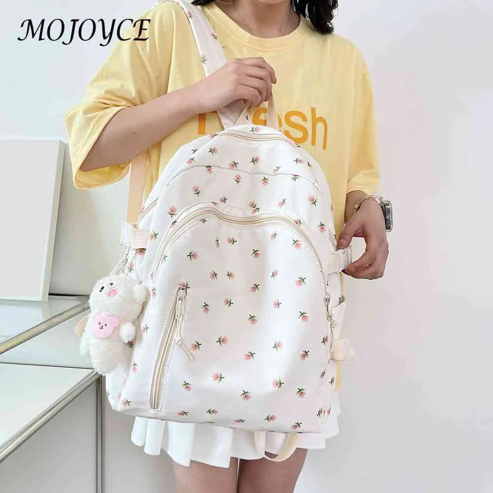 Floral Backpack Nylon Female Preppy Style Schoolbags Mochila with Pendant