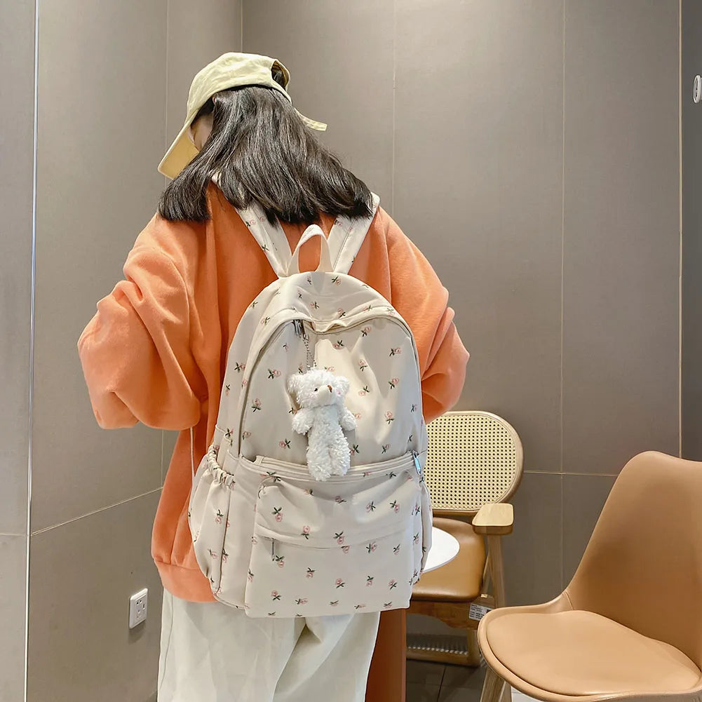 Floral Backpack Nylon Preppy Style Large Capacity Teen Girl Bags