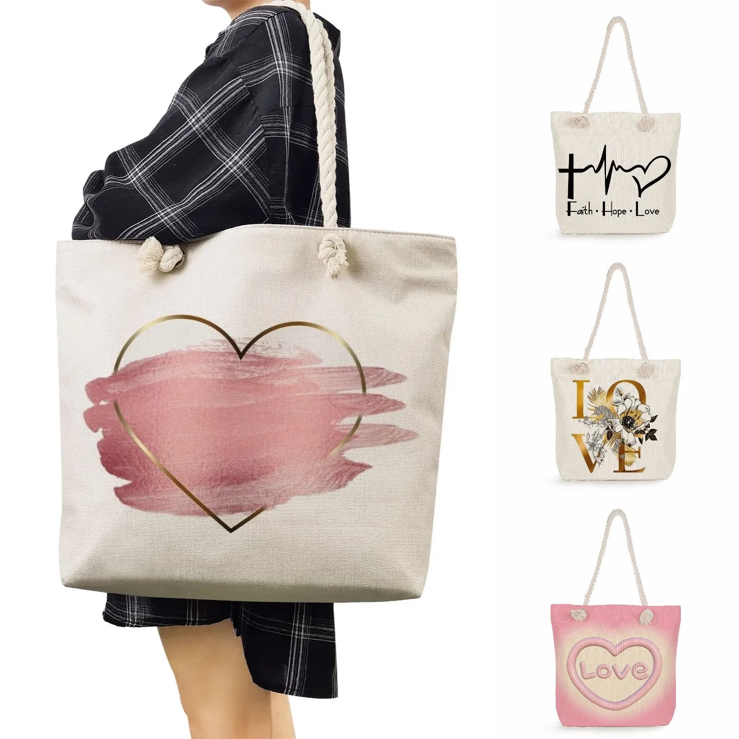 Floral Love Print Handbags Thick Rope Shoulder Bag Eco Reusable Shopping Bag