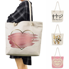 Floral Love Print Handbags Thick Rope Shoulder Bag Eco Reusable Shopping Bag
