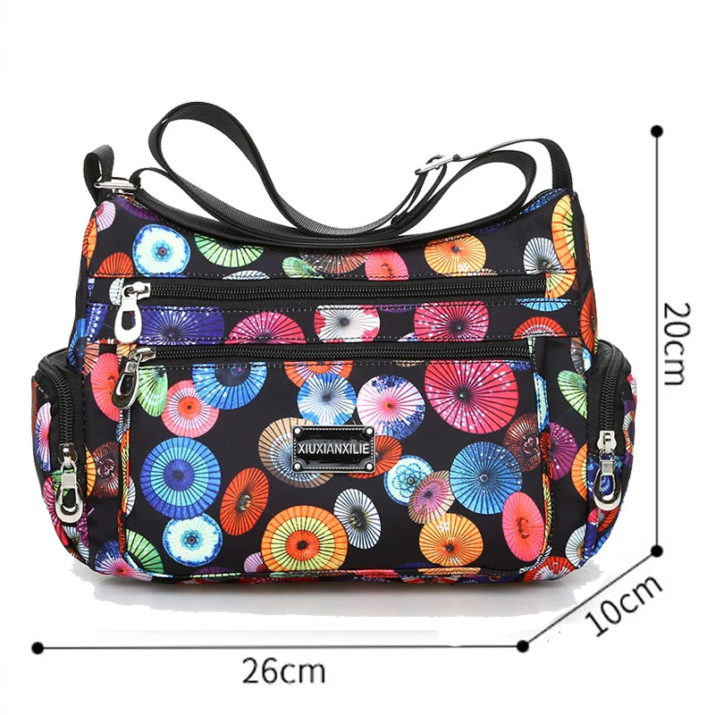 Floral Pattern Women Messenger Bag Nylon Shoulder Bag Multi-pockets