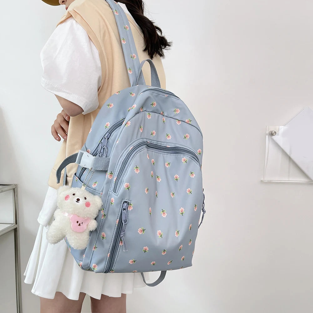 Floral Women Backpack Nylon Schoolbag College Teenage Girl Travel