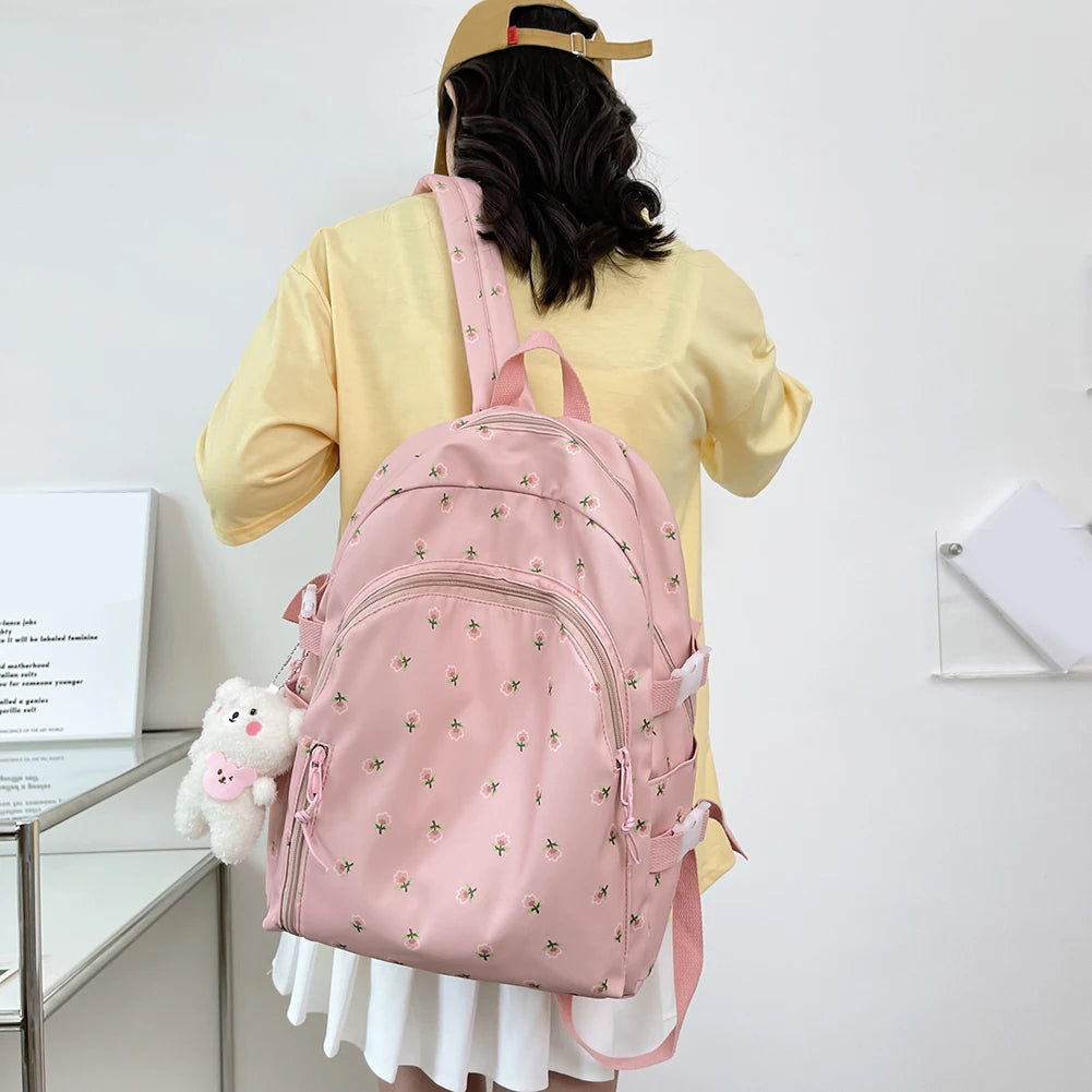 Floral Women Backpack Nylon Schoolbag College Teenage Girl Travel