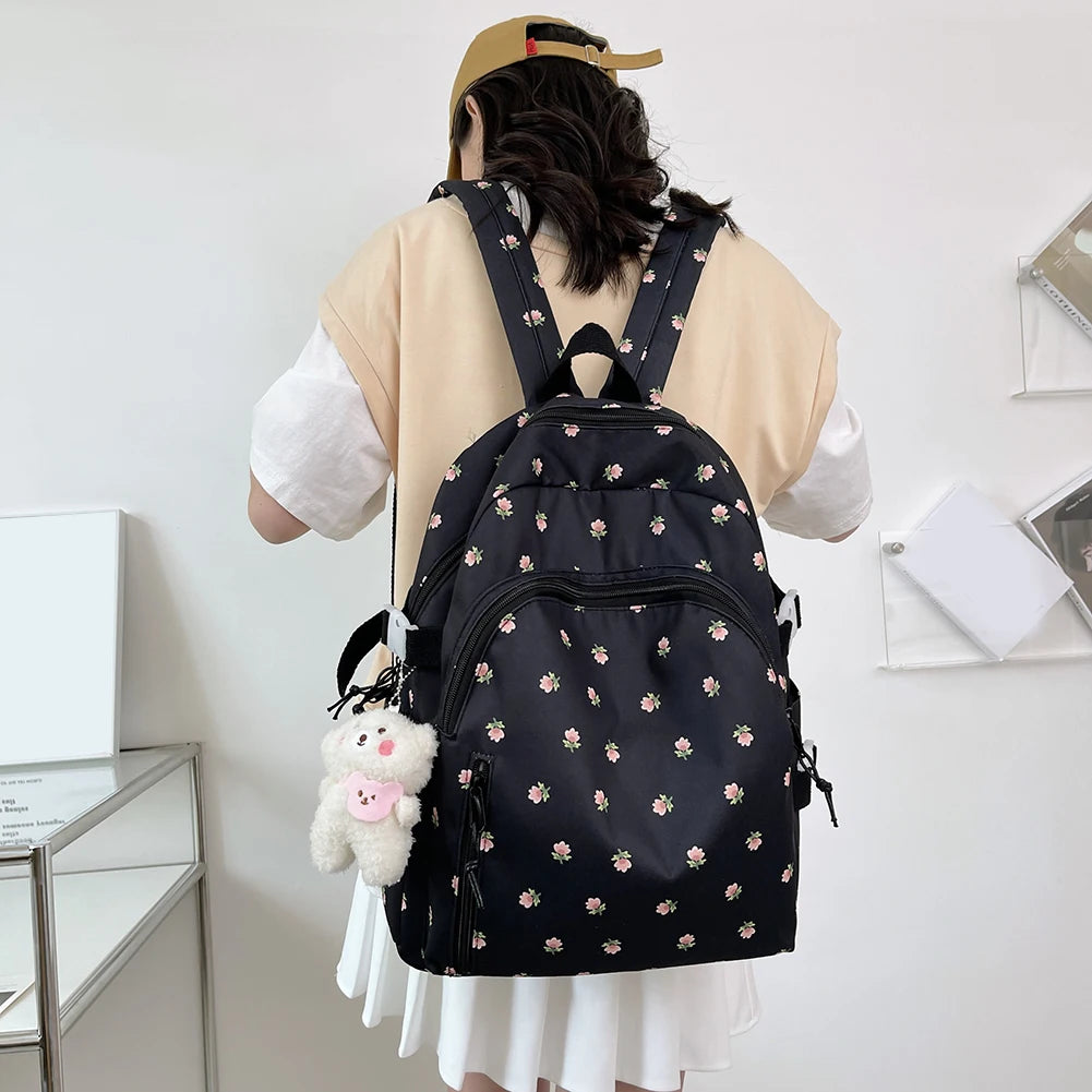 Floral Women Backpack Nylon Schoolbag College Teenage Girl Travel