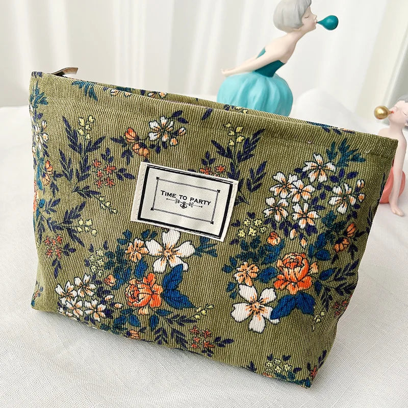 Flowers Print Cosmetic Bag Corduroy Washing Bag Large Capacity Women