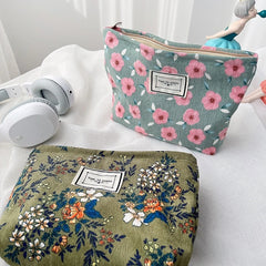 Flowers Print Cosmetic Bag Corduroy Washing Bag Large Capacity Women