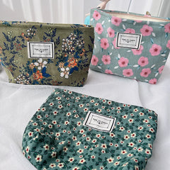 Flowers Print Cosmetic Bag Corduroy Washing Bag Large Capacity Women