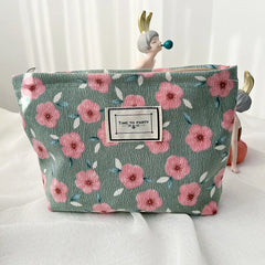 Flowers Print Cosmetic Bag Corduroy Washing Bag Large Capacity Women