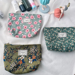 Flowers Print Cosmetic Bag Corduroy Washing Bag Large Capacity Women