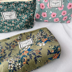 Flowers Print Cosmetic Bag Corduroy Washing Bag Large Capacity Women