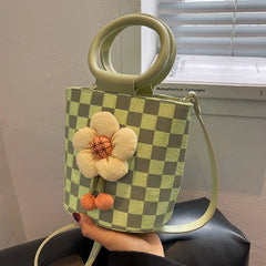 Flowers Round Handbags Women Bag Crossbody Tote Purses Lattice Travel Shoulder