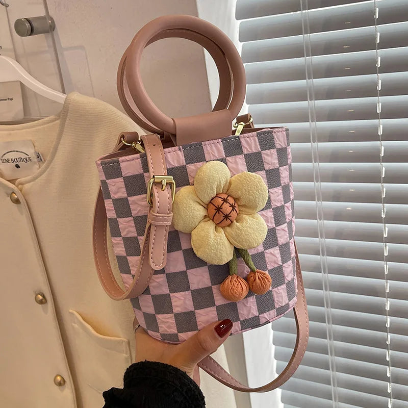 Flowers Round Handbags Women Bag Crossbody Tote Purses Lattice Travel Shoulder
