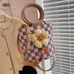 Flowers Round Handbags Women Bag Crossbody Tote Purses Lattice Travel Shoulder