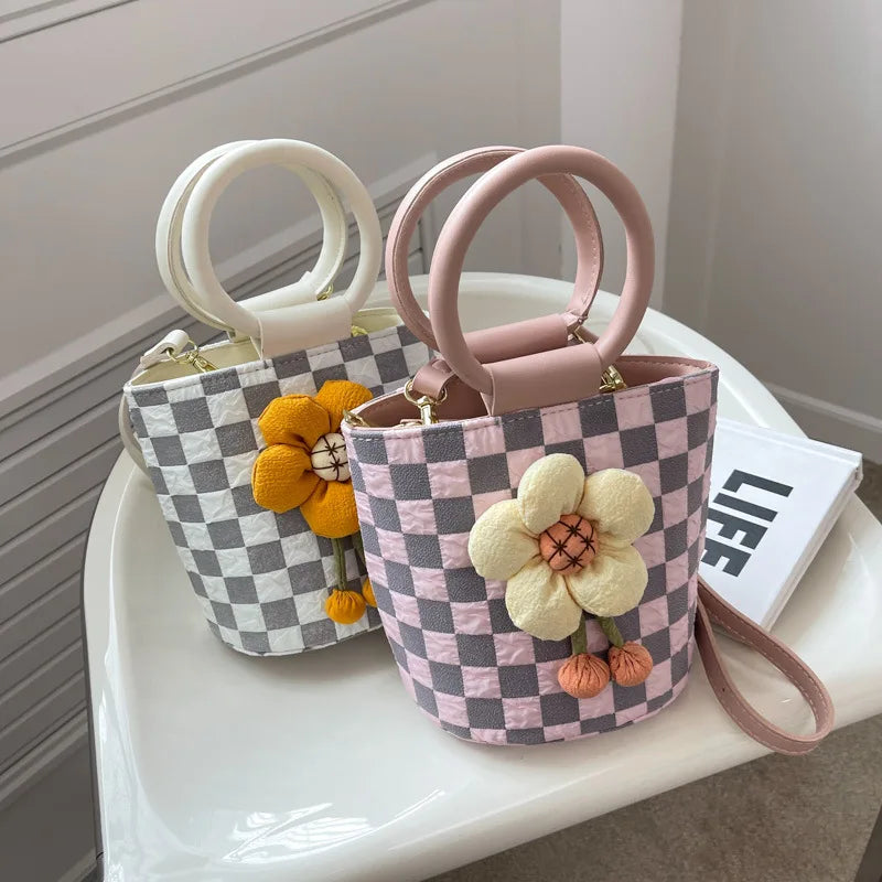 Flowers Round Handbags Women Bag Crossbody Tote Purses Lattice Travel Shoulder