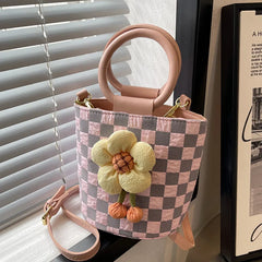 Flowers Round Handbags Women Bag Crossbody Tote Purses Lattice Travel Shoulder