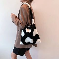 Plush Shoulder Bag Sweet Handbag Love Heart Print Furry Purse Tote Bag
