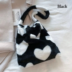 Plush Shoulder Bag Sweet Handbag Love Heart Print Furry Purse Tote Bag