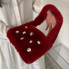 Fluffy Shoulder Bags Women Diamond Solid Plush Handbag Female Warm Fur Bag