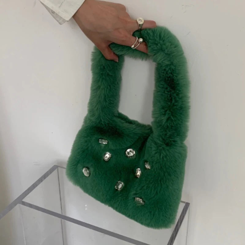 Fluffy Shoulder Bags Women Diamond Solid Plush Handbag Female Warm Fur Bag