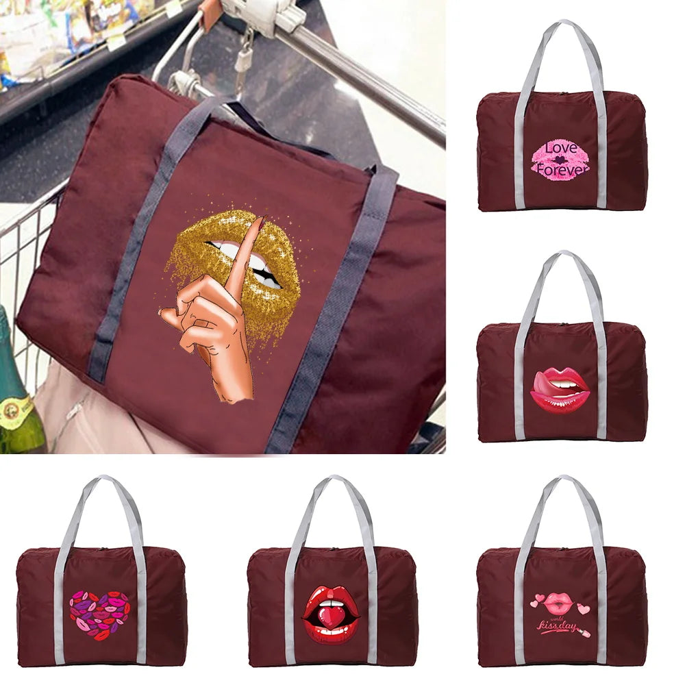 Foldable Travel Bags Unisex Large Capacity Bag Luggage Women Mouth Print Handbag