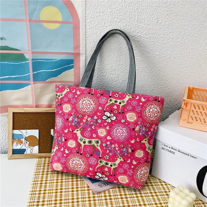Women's Canvas Flower Printing Tote Bag - Big Size Handbag