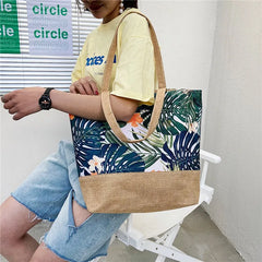Floral Print Canvas Handbag Tote Large Size Shoulder Bag
