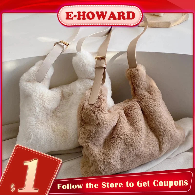 Faux Fur Shoulder Bag for Women Winter Solid Large Capacity Crossbody Bag