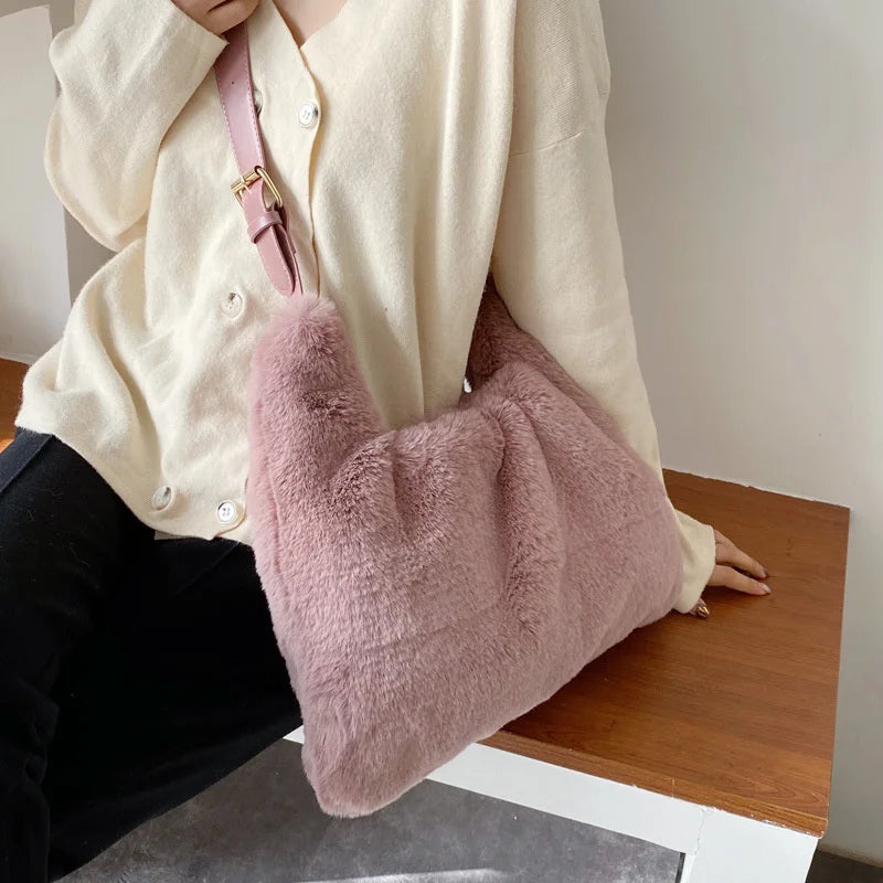 Faux Fur Shoulder Bag for Women Winter Solid Large Capacity Crossbody Bag
