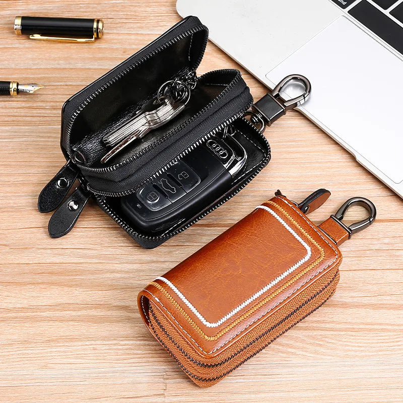 Leather Key Wallets Men Car Key Holders Top Double Zipper Keychain Case Women