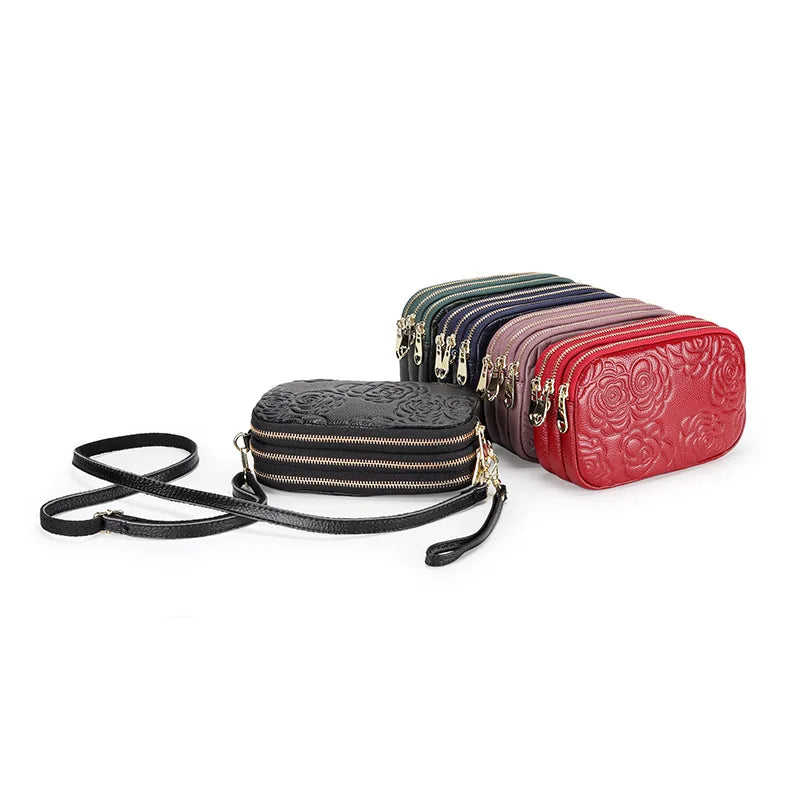 Small Floral Embossed Leather Crossbody Bag Wristlet Clutch