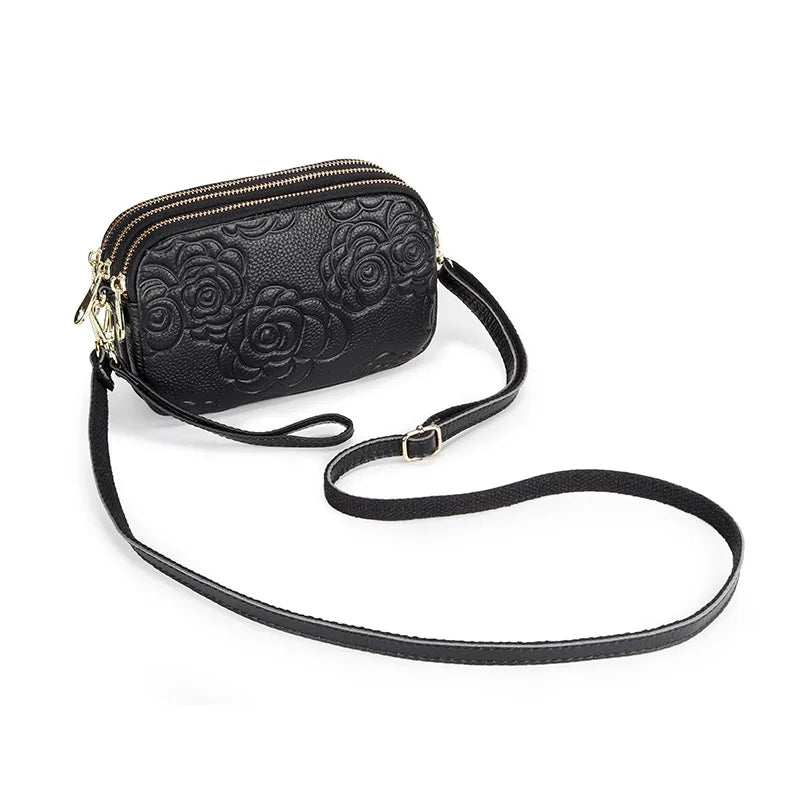 Small Floral Embossed Leather Crossbody Bag Wristlet Clutch