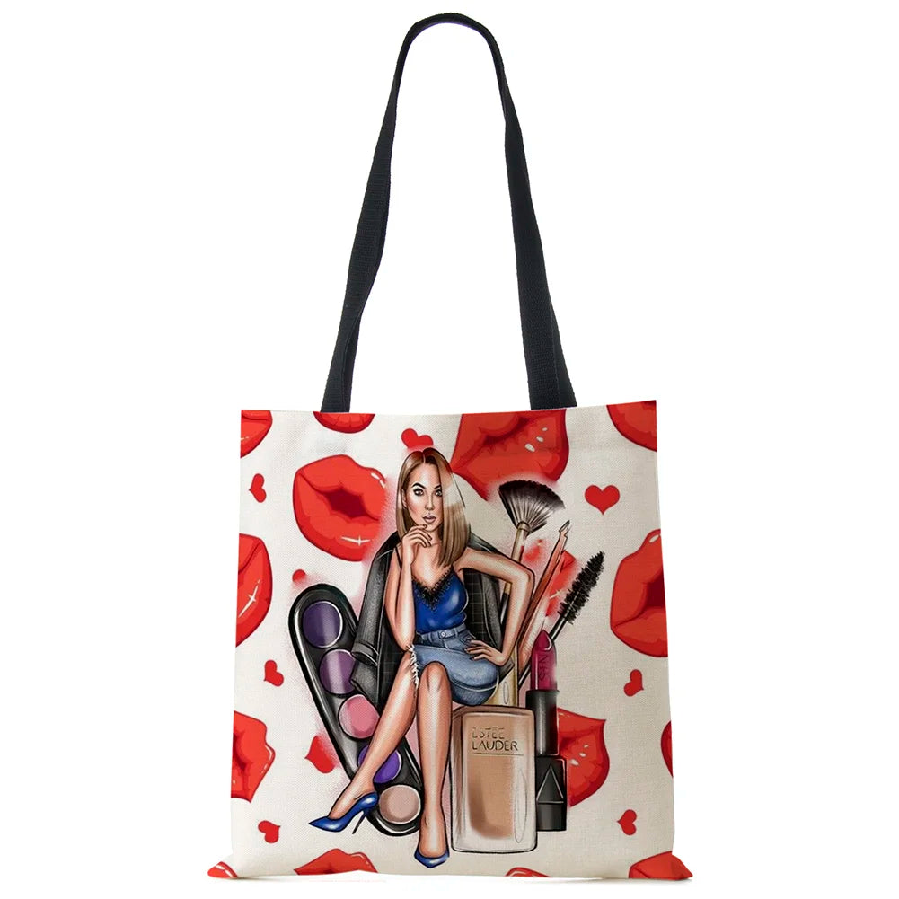 Girl Lady Print Tote Shoulder Bag Reusable Shopping Travel School Beach Bags