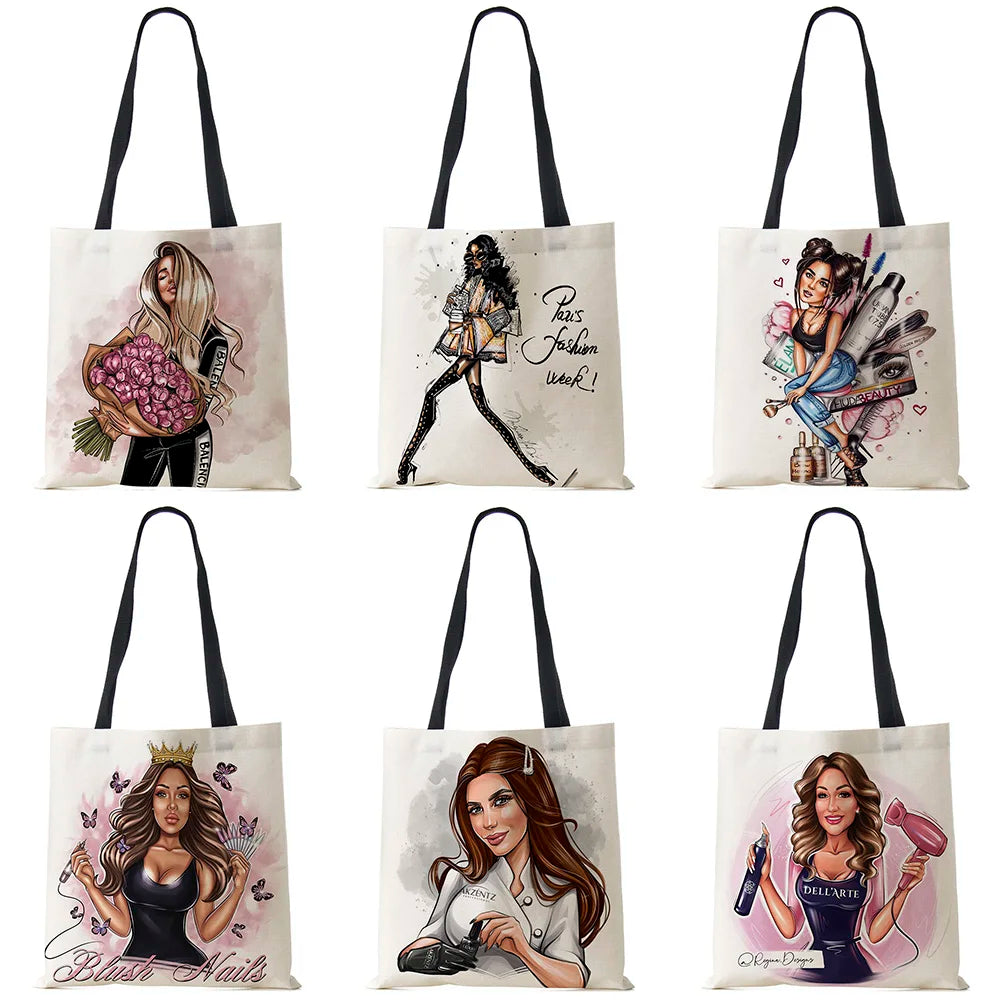 Girl Lady Print Tote Shoulder Bag Reusable Shopping Travel School Beach Bags