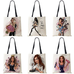 Girl Lady Print Tote Shoulder Bag Reusable Shopping Travel School Beach Bags