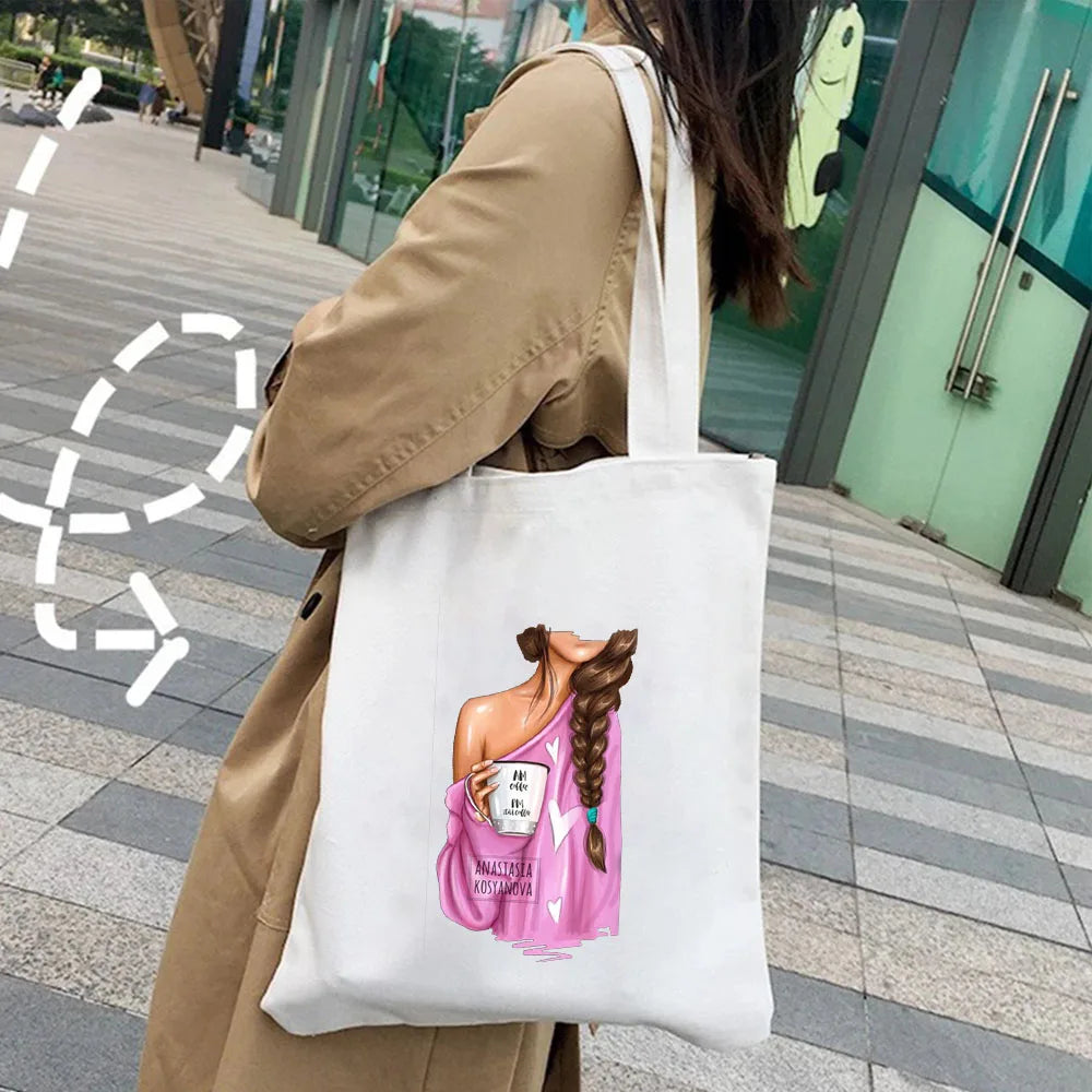 Girl Woman Back Wine Coffee Music Flower Canvas Shoulder Cotton Tote Bags