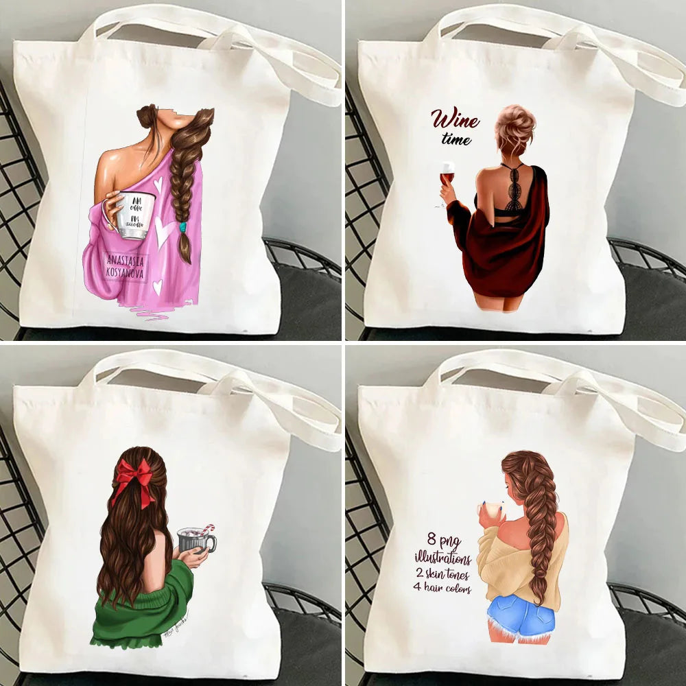 Girl Woman Back Wine Coffee Music Flower Canvas Shoulder Cotton Tote Bags