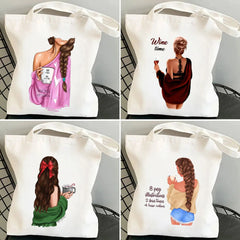 Girl Woman Back Wine Coffee Music Flower Canvas Shoulder Cotton Tote Bags