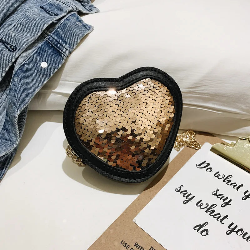 Girls Messenger Bag Heart Sequin Leather Mini Bag Baby Handbag