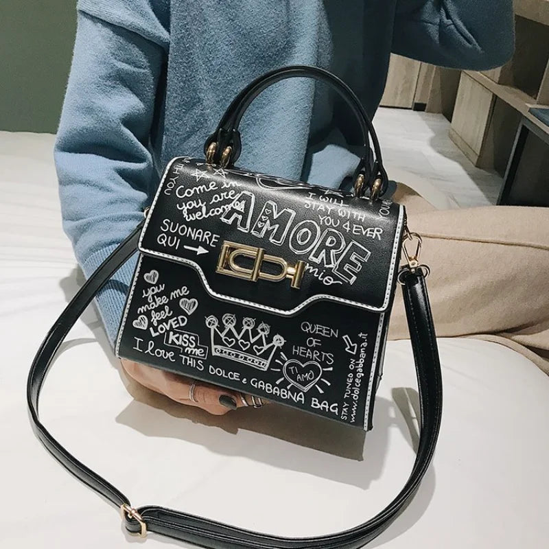Graffiti Women Handbags PU Leather Small Flap Bag Crossbody Bags
